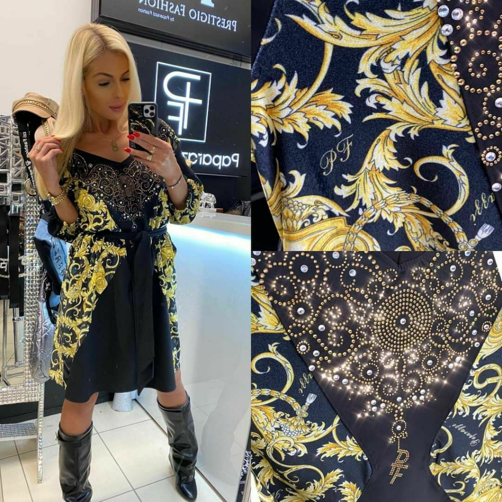BLACK VELOUR WITH YELLOW LEAVES WOMEN DRESS PAPARAZZI FASHION (8003)